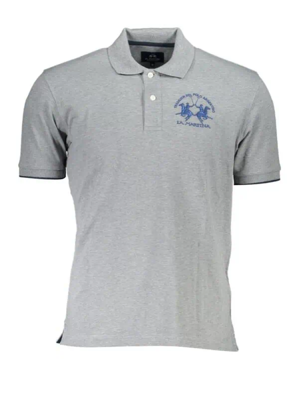 Men's grey polo shirt with logo embroidery, casual and stylish for everyday wear.