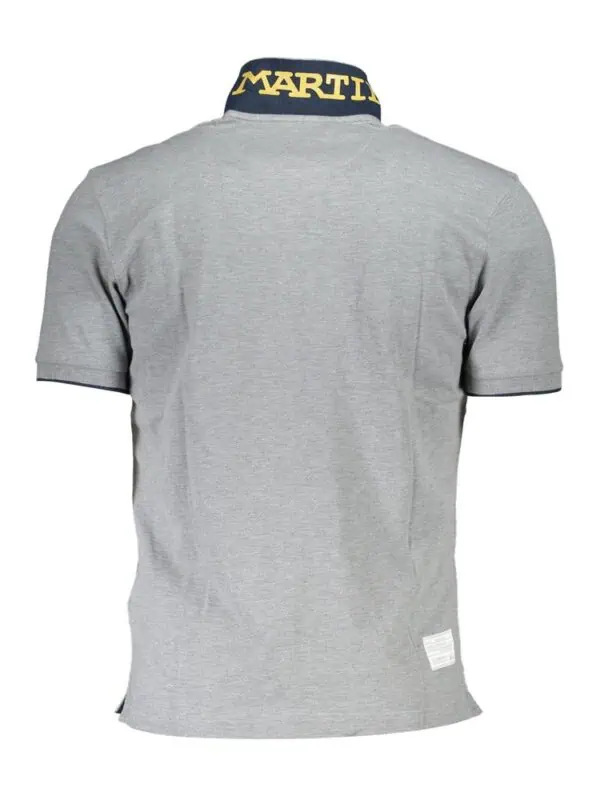 Luxury grey polo shirt with contrasting collar and bold branding, perfect for casual or sporty styles. Made from high-quality fabric for comfort and durability. Ideal for fashion-forward men.
