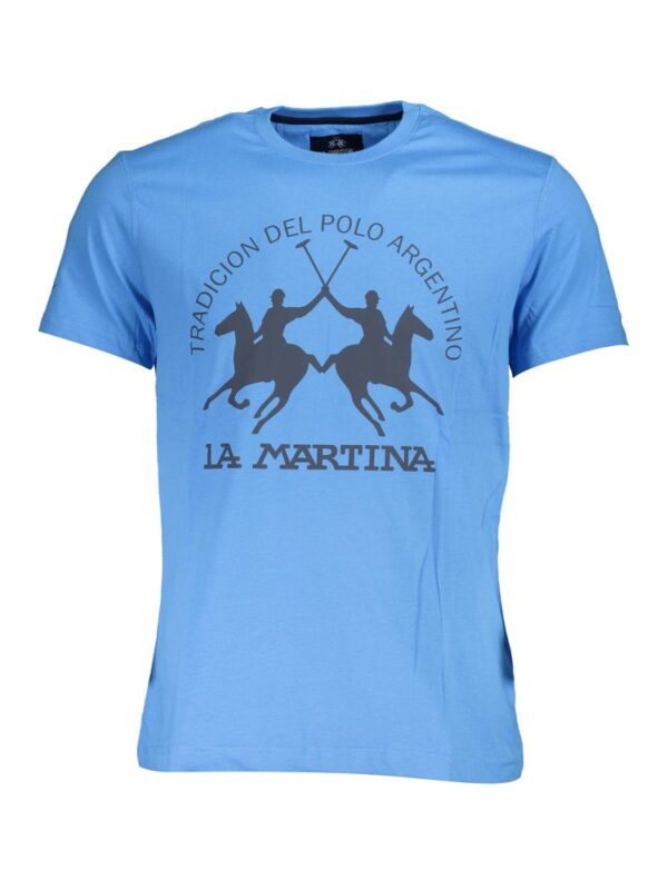 Luxury blue La Martina polo shirt with Argentine polo players and horses graphic, perfect for sportswear and casual wear. High-quality fabric and stylish design for polo enthusiasts.
