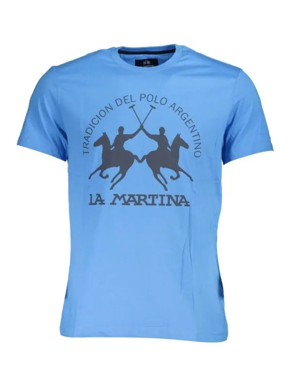 Luxury blue La Martina polo shirt with Argentine polo players and horses graphic, perfect for sportswear and casual wear. High-quality fabric and stylish design for polo enthusiasts.