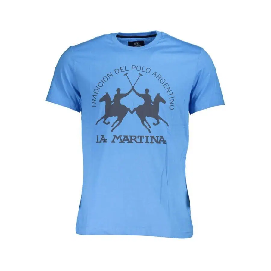 Luxury blue La Martina polo shirt with Argentine polo players and horses graphic, perfect for sportswear and casual wear. High-quality fabric and stylish design for polo enthusiasts.
