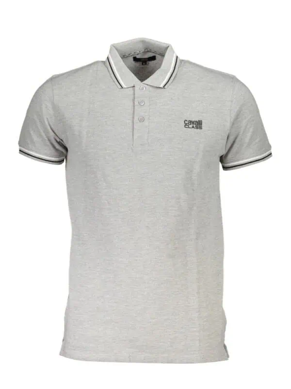 Men's light gray polo shirt with Cavalli Class branding, classic collar, and striped trim, perfect for sophisticated casual wear.