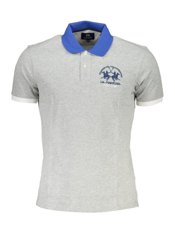 Polo shirt with embroidered logo, grey color with blue collar, casual sportswear for men.
