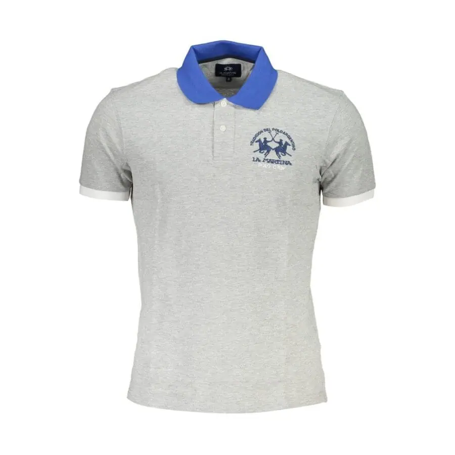 Polo shirt with embroidered logo, grey color with blue collar, casual sportswear for men.