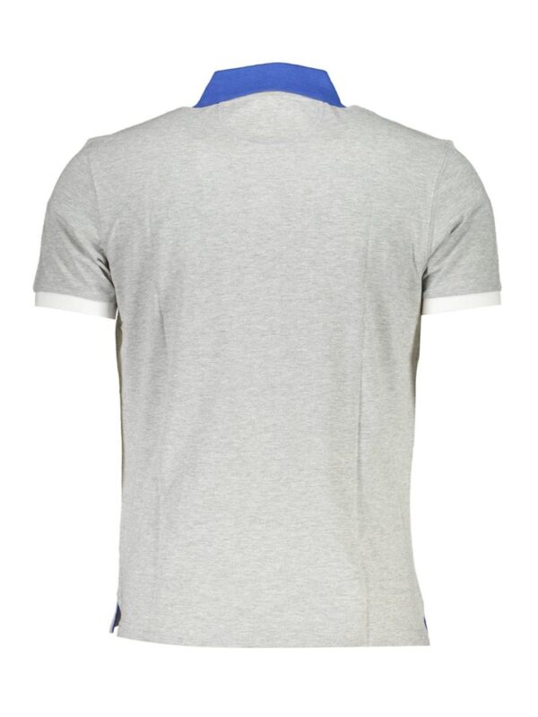 Light grey polo shirt with contrast blue collar and short sleeves, stylish and comfortable men's fashion essential.