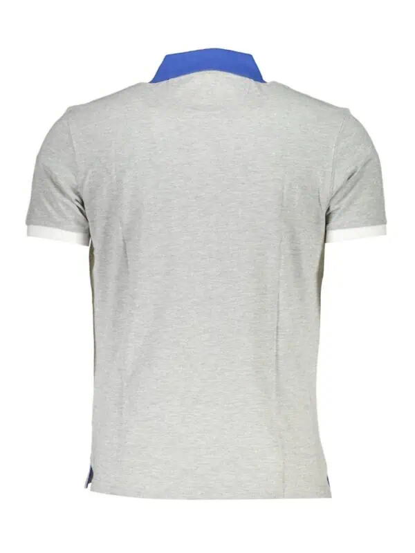 Light grey polo shirt with contrast blue collar and short sleeves, stylish and comfortable men's fashion essential.