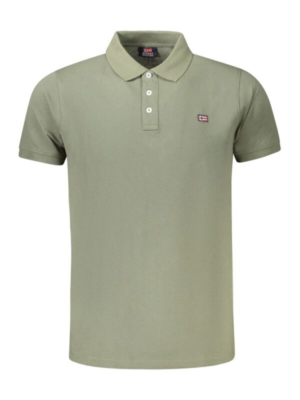 Classic olive green men's polo shirt with embroidered flag logo, button collar, and short sleeves, perfect for casual and stylish occasions.
