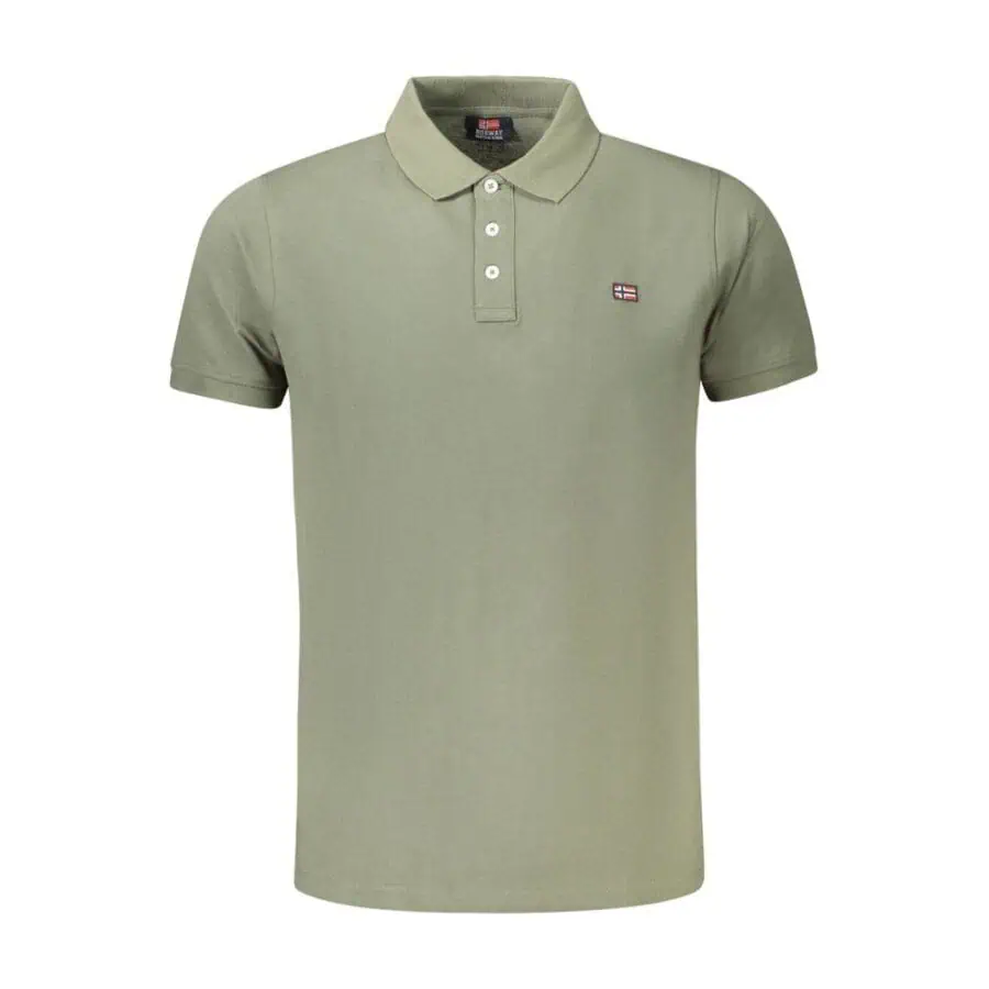 Classic olive green men's polo shirt with embroidered flag logo, button collar, and short sleeves, perfect for casual and stylish occasions.