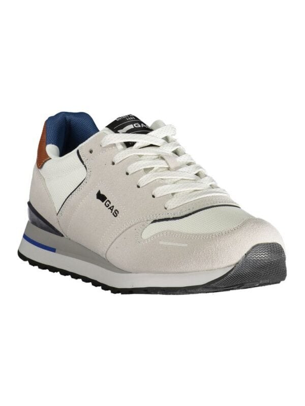 White casual men's sneaker with athletic design and comfort, branded with GAS logo, featuring white laces, black accents, and a durable sole perfect for everyday wear.