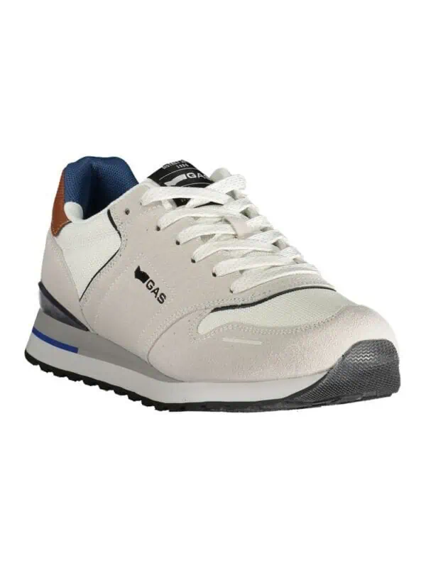 White casual men's sneaker with athletic design and comfort, branded with GAS logo, featuring white laces, black accents, and a durable sole perfect for everyday wear.