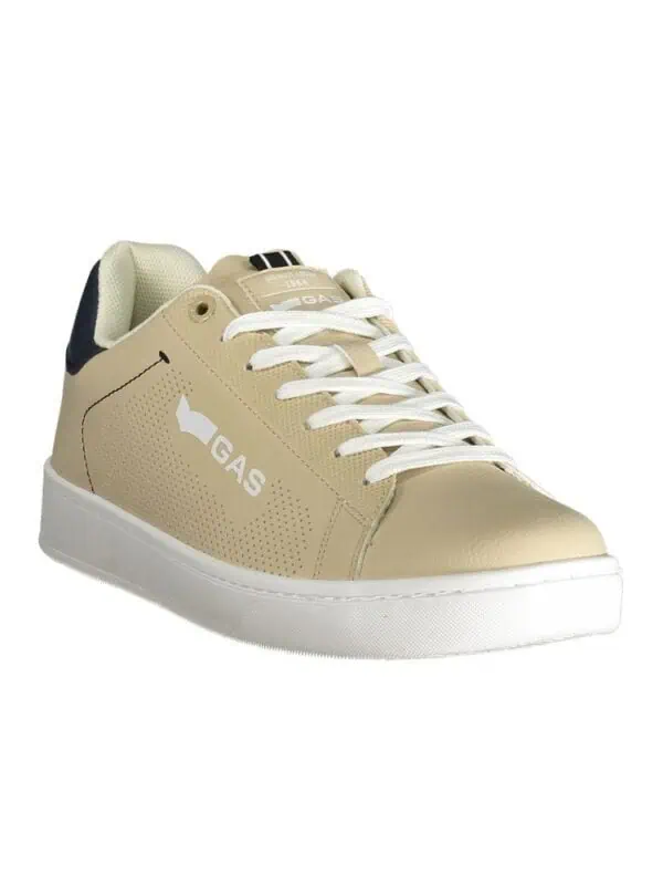Beige stylish casual sneakers with white laces and logo detail, perfect for everyday wear.