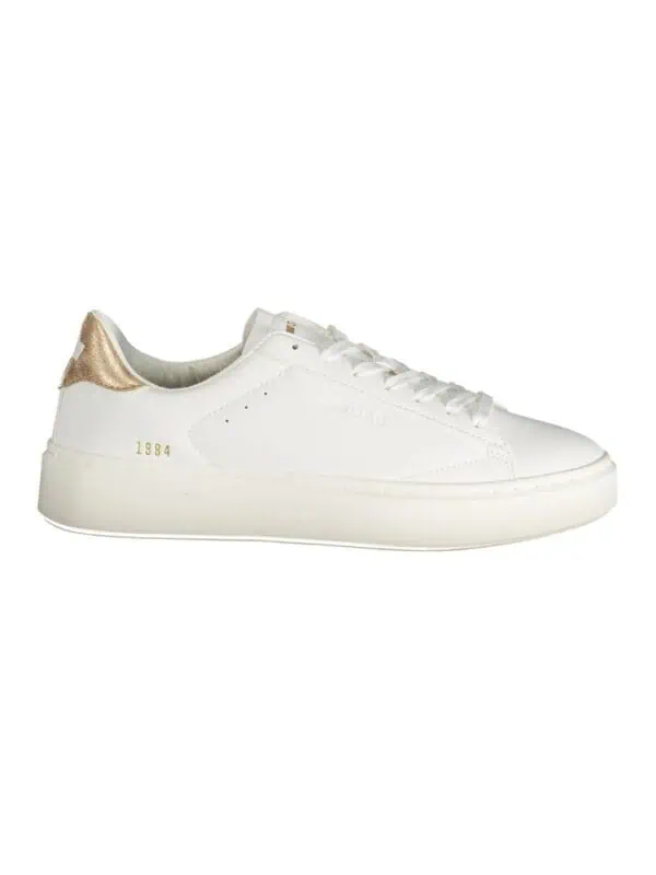 White luxury sneakers with gold accents and minimalistic design from Lux Brands. Perfect for stylish, casual wear and made with high-quality materials for comfort and durability. 1984 edition.