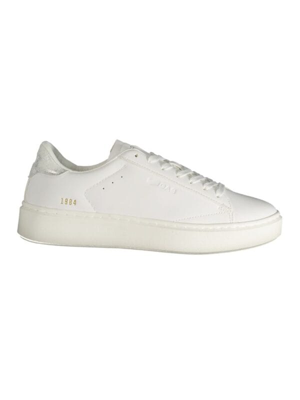 White minimalist leather sneakers with subtle gold detailing, perfect for a sleek modern look. Crafted for comfort and style from Lux Brands.