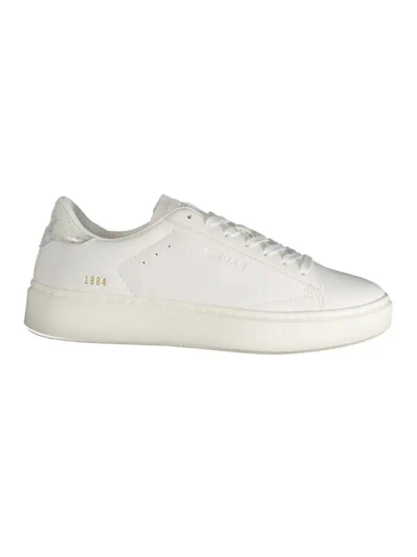 White minimalist leather sneakers with subtle gold detailing, perfect for a sleek modern look. Crafted for comfort and style from Lux Brands.