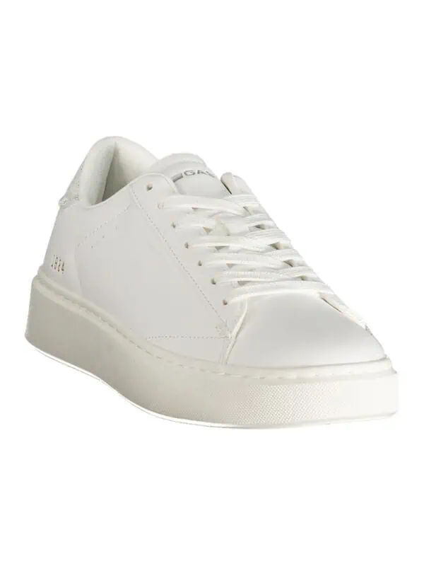 White luxury designer sneakers with clean minimalist style and premium material construction. Perfect for casual and stylish everyday wear. Unique branding detail on the side.