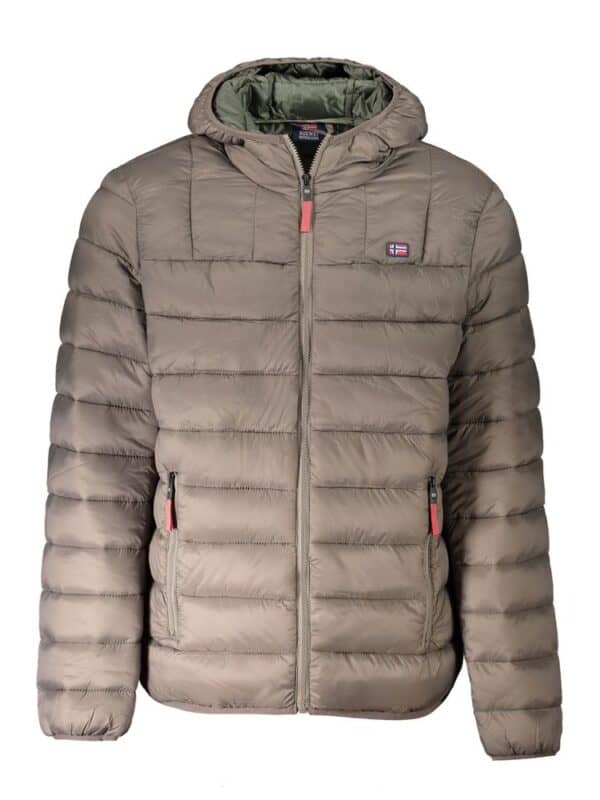 Light brown puffer jacket with hood, front zipper, and logo patch, designed for warmth and style. Ideal for cold weather, featuring multiple insulated quilted sections and zippered pockets.
