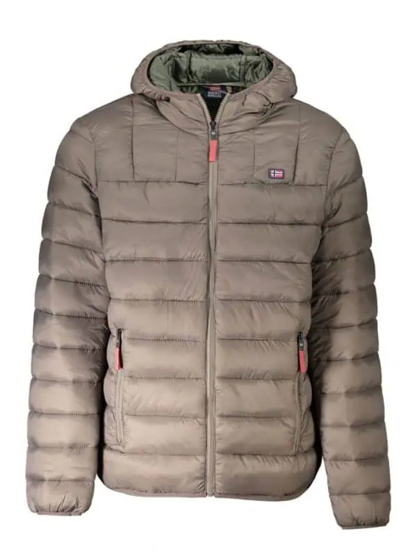 Light brown puffer jacket with hood, front zipper, and logo patch, designed for warmth and style. Ideal for cold weather, featuring multiple insulated quilted sections and zippered pockets.