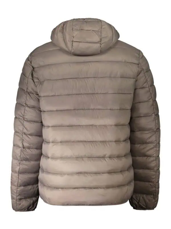 Light beige puffer jacket with hood, insulated for warmth and comfort, stylish design perfect for cold weather.