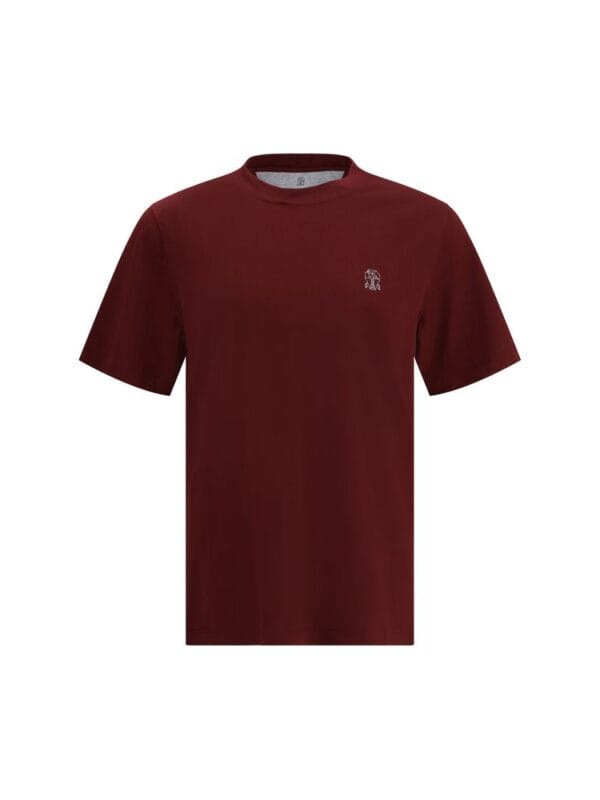 Men's burgundy crew neck T-shirt with small logo embroidery, stylish casual wear from Lux Brands.
