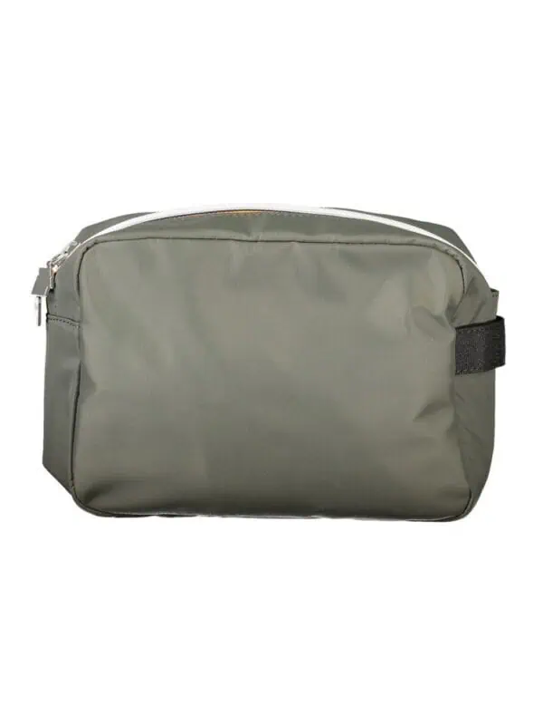 Light grey travel toiletry bag with zipper closure and black side strap, ideal for organizing personal care essentials during trips.