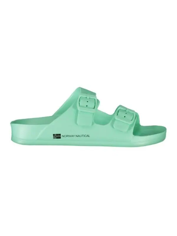 Bright mint green Norway Nautical slide sandals with double adjustable straps and cushioned sole for beach, pool, or casual wear. Perfect for a stylish, comfortable summer look.