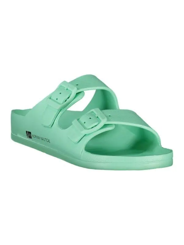 Bright mint green waterproof slide sandals with dual adjustable buckle straps and "Norway Nautical" branding on the side, perfect for casual summer wear and beach outings.