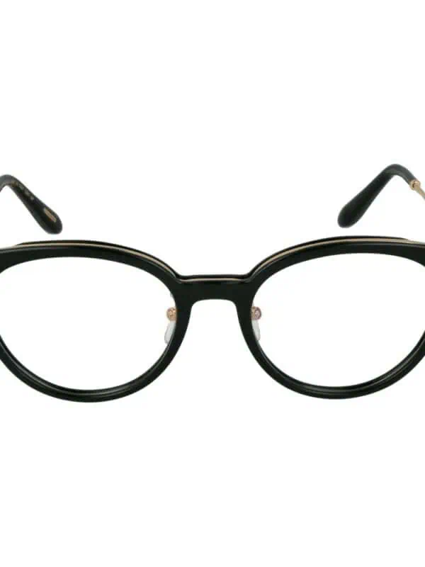 Black designer eyeglasses with gold accent details, stylish for fashion-forward statements.