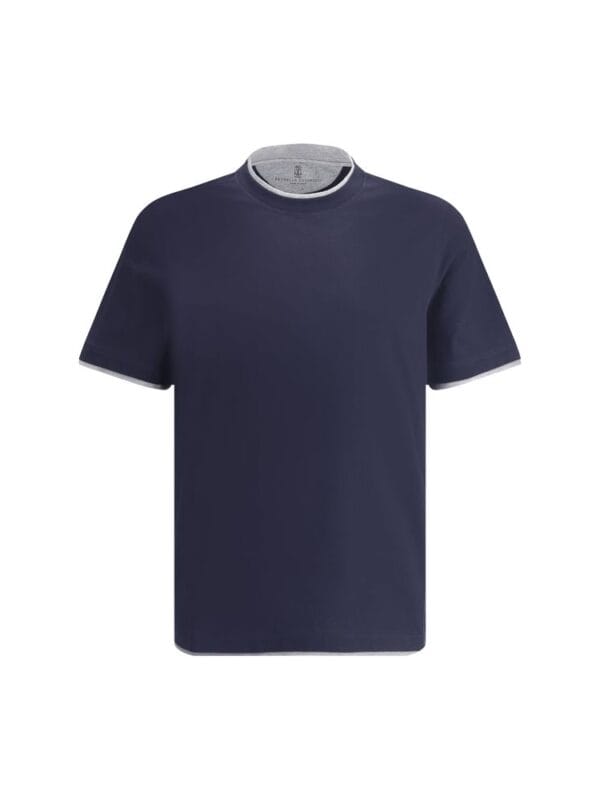 Men's navy blue crew neck t-shirt with contrasting white trim, perfect for casual and athletic wear. Made from high-quality, comfortable fabric for everyday style.