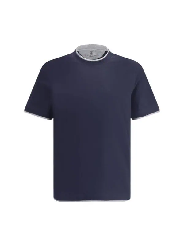 Men's navy blue crew neck t-shirt with contrasting white trim, perfect for casual and athletic wear. Made from high-quality, comfortable fabric for everyday style.