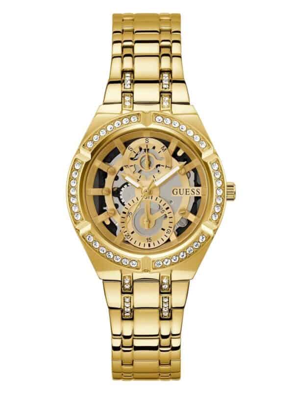 Lux Gold-Tone Women's Watch with Crystal Embellishments and Skeleton Dial from Guess.