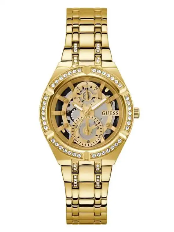 Lux Gold-Tone Women's Watch with Crystal Embellishments and Skeleton Dial from Guess.