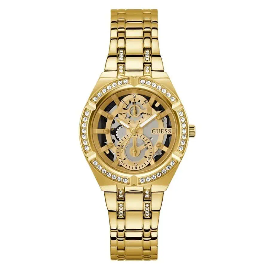 Lux Gold-Tone Women's Watch with Crystal Embellishments and Skeleton Dial from Guess.