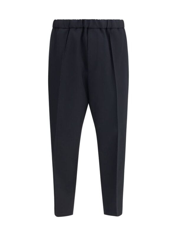 Black tailored dress pants with a tapered fit and elastic waistband for a stylish and comfortable look. Perfect for professional or casual wear. Crafted from high-quality fabric.