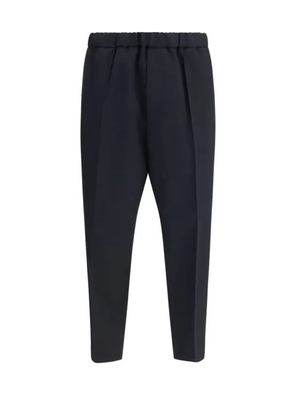 Black tailored dress pants with a tapered fit and elastic waistband for a stylish and comfortable look. Perfect for professional or casual wear. Crafted from high-quality fabric.