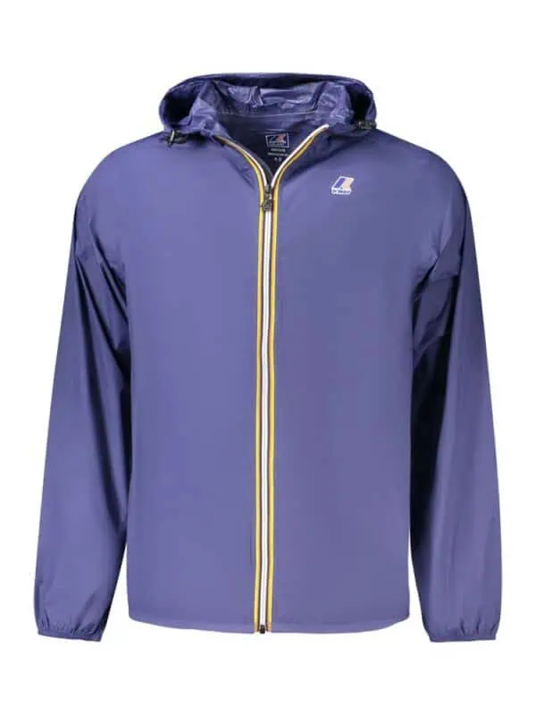 Men's waterproof lightweight windbreaker jacket with hood, ideal for outdoor activities and sports, featuring a vibrant blue color with yellow accents, functional design, and premium quality fabric.