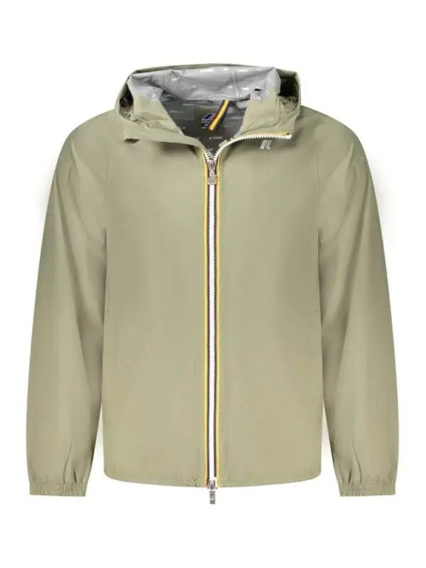 Light beige sporty jacket with a full front zipper, hood, and elastic cuffs, perfect for outdoor activities and casual wear.
