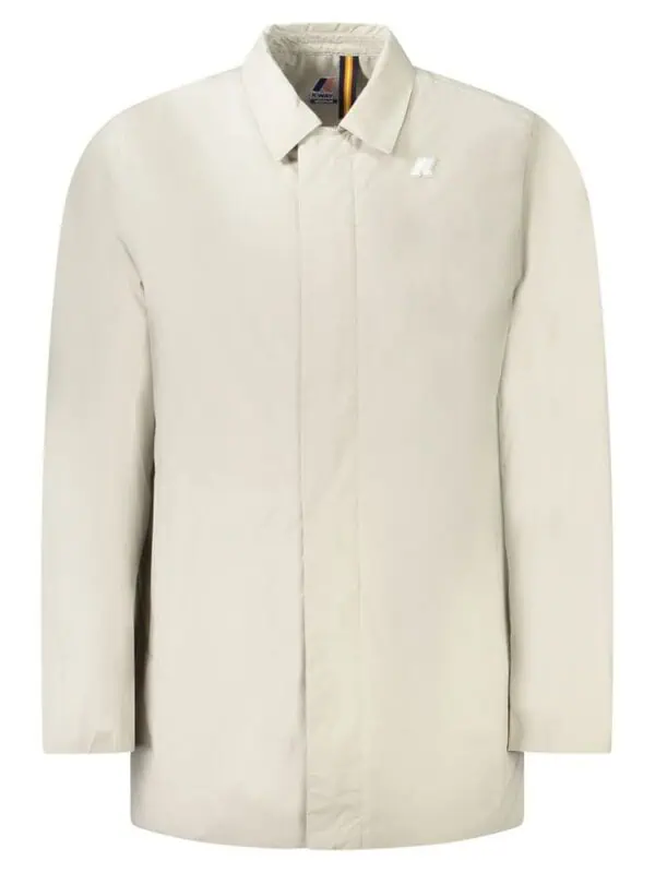 K-WAY women's beige raincoat, lightweight and waterproof, perfect for stylish protection against the rain, with a classic collar and concealed front closure.