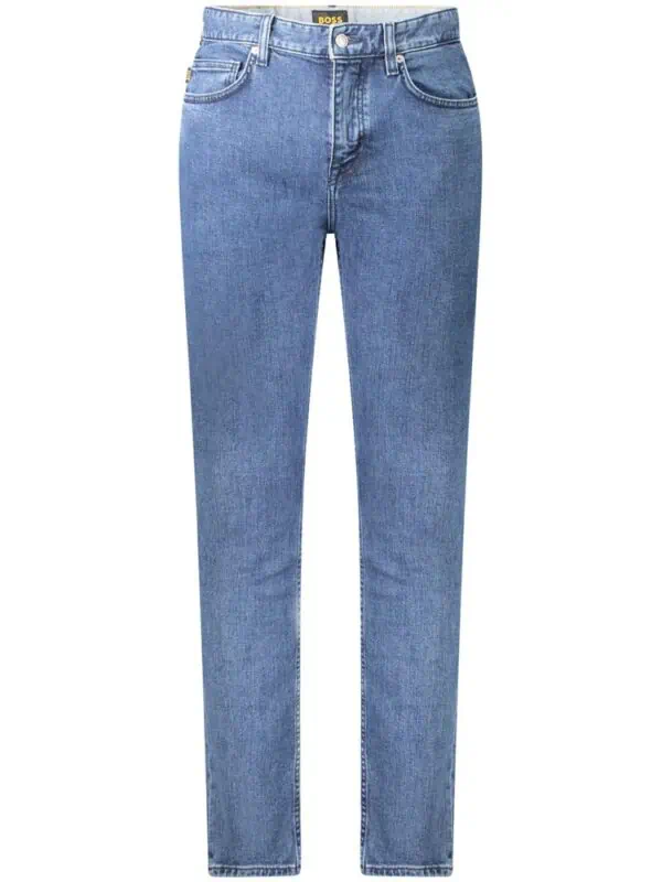 High-waisted blue denim jeans with classic straight-leg fit, perfect for casual and edgy streetwear looks. Durable, stylish, and versatile for everyday wear.