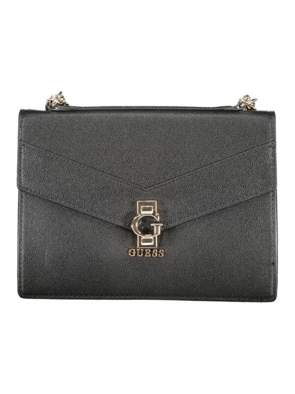 Black Guess designer clutch bag with gold logo detail and chain strap for luxury fashion accessories.