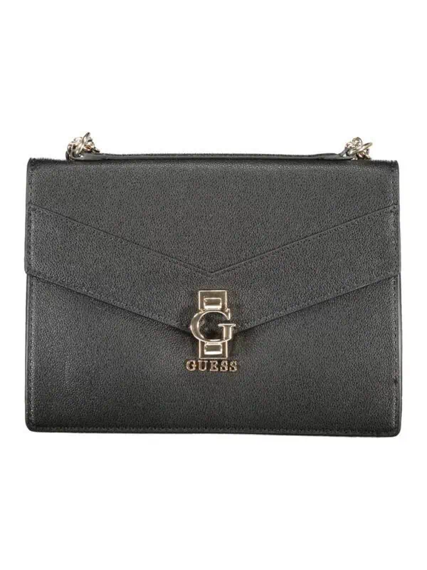Black Guess designer clutch bag with gold logo detail and chain strap for luxury fashion accessories.