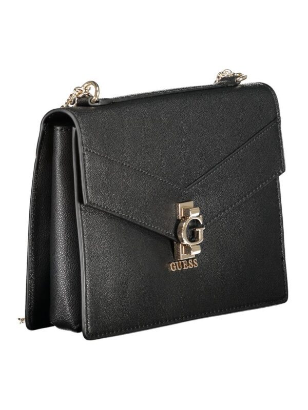 Chic black Guess handbag with gold accents and logo detail, sophisticated and versatile for stylish accessories.
