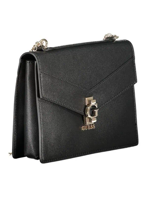 Chic black Guess handbag with gold accents and logo detail, sophisticated and versatile for stylish accessories.