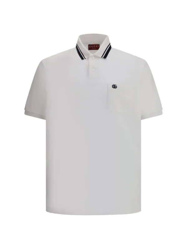 Gucci white polo shirt with black striped collar and GG logo on chest, luxury designer men's casual wear, crafted from high-quality fabric for stylish comfort.