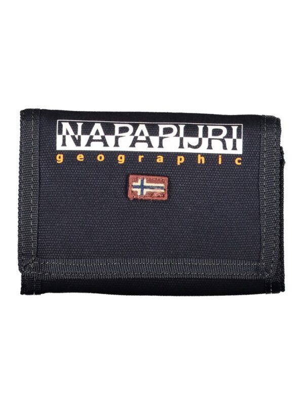 Napapijri black wallet with logo and flag embroidery, stylish accessory for men and women. Perfect for everyday use and outdoor adventures, showcasing quality and iconic design.