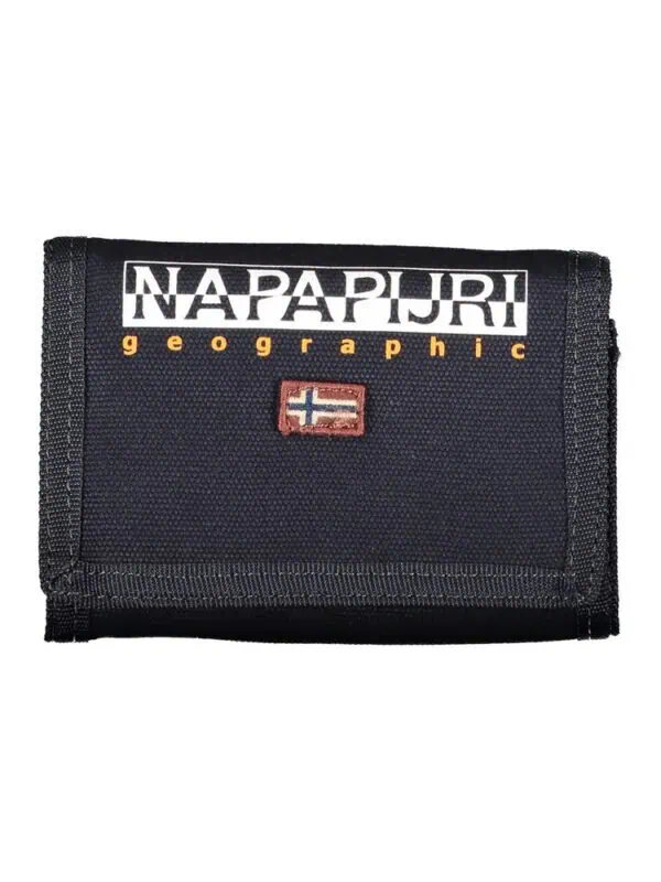 Napapijri black wallet with logo and flag embroidery, stylish accessory for men and women. Perfect for everyday use and outdoor adventures, showcasing quality and iconic design.