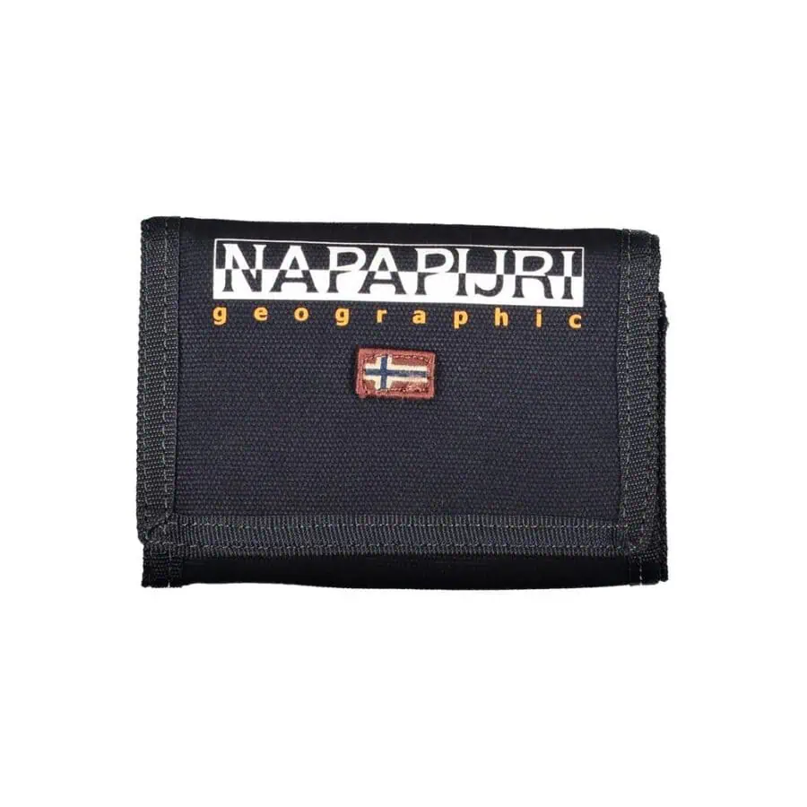 Napapijri black wallet with logo and flag embroidery, stylish accessory for men and women. Perfect for everyday use and outdoor adventures, showcasing quality and iconic design.