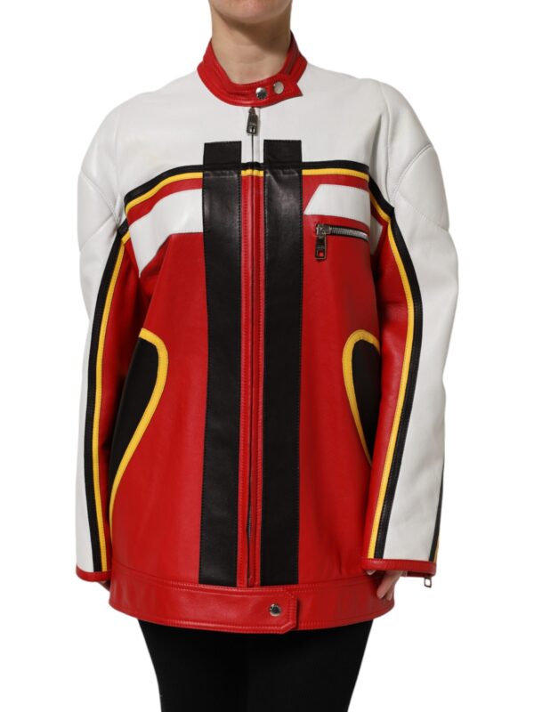 Dolce & Gabbana Multicolor Leather Biker Full Zip Coat Jacket