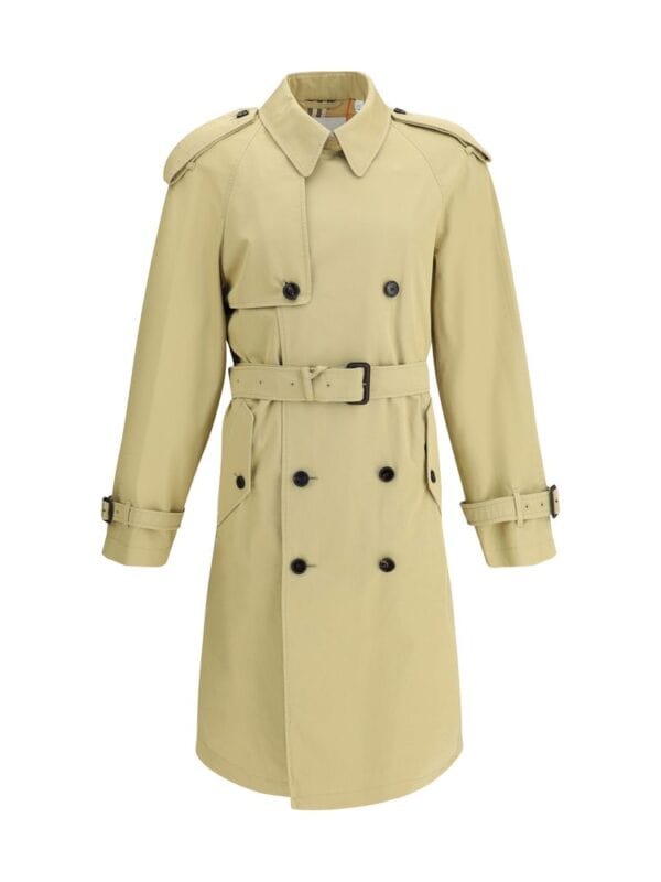 Lux Brands beige classic double-breasted trench coat with shoulder epaulets, belt, and button details, perfect for stylish outerwear.