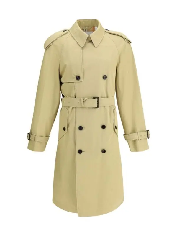 Lux Brands beige classic double-breasted trench coat with shoulder epaulets, belt, and button details, perfect for stylish outerwear.