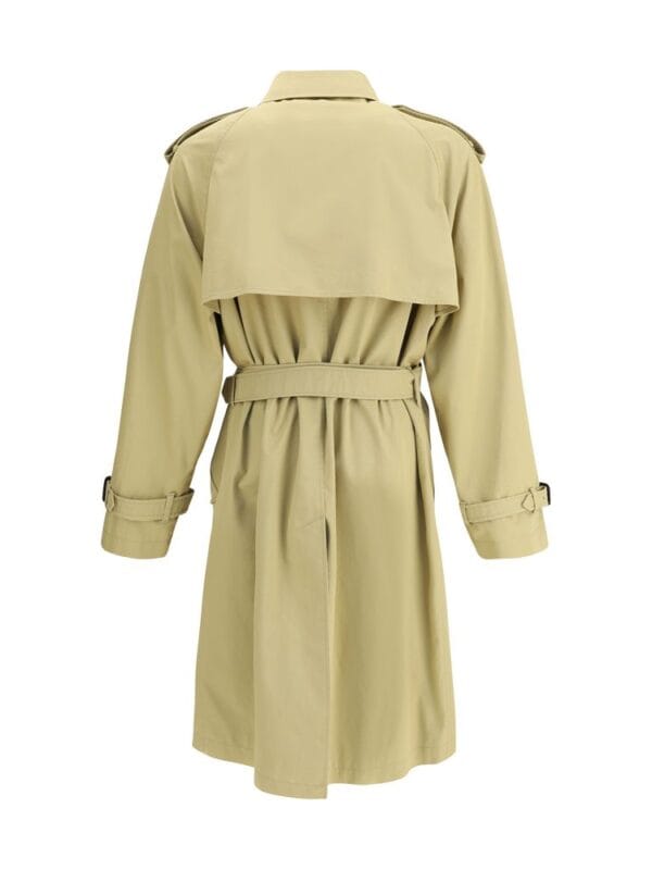 Lux Brands classic beige trench coat with belted waist and shoulder epaulets, perfect for timeless elegance and rainy day style.